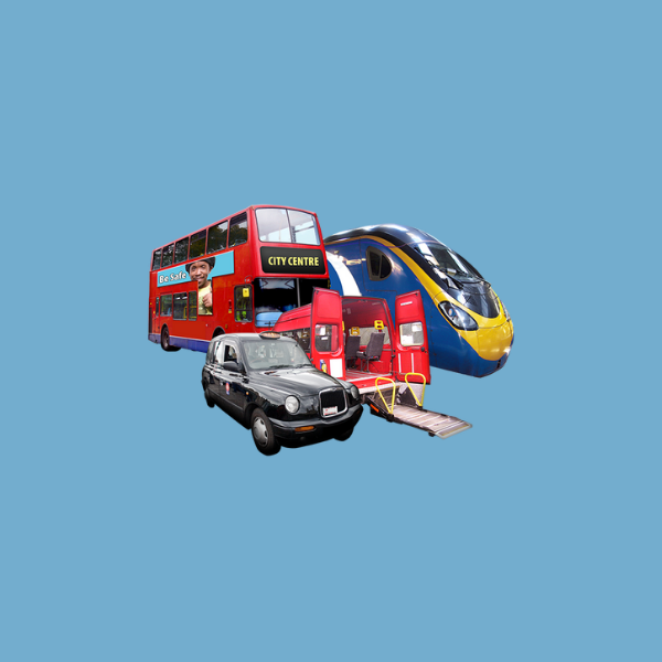 A bus, min-bus, train and taxi